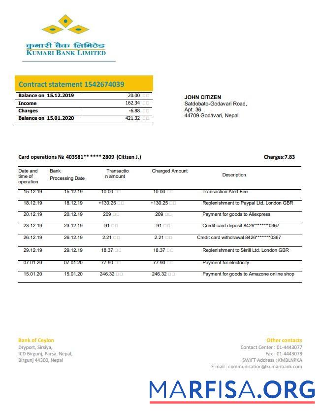 Printable Nepal Kumari bank statement word download for verification